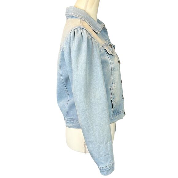 Baccini Jacket Women Petite Sz PS Light Blue Wash Cropped Ruched Shoulders Denim - Picture 4 of 12